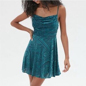 Urban Outfitters Lexi Velvet Burnout Mini Dress, Teal Blue Sea Cowl Neck, Size L